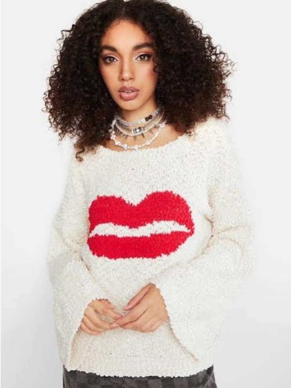 POL Taupe Popcorn Knit Sweater with Red Lip Motif